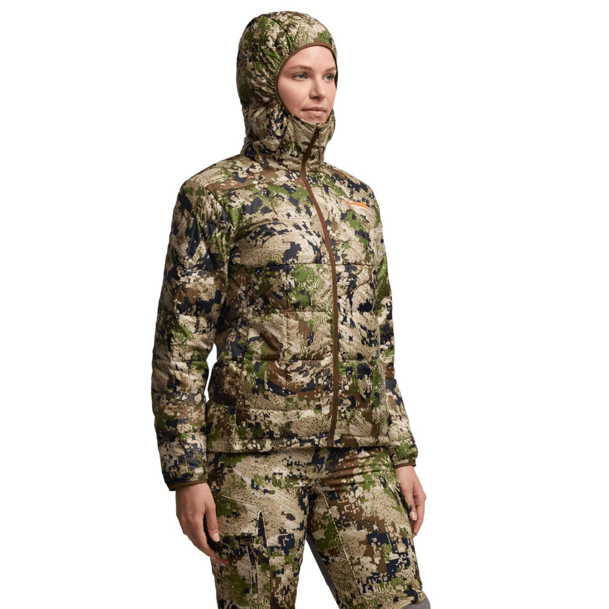Sitka Women's Microdown Hooded Jacket Angled Model Image