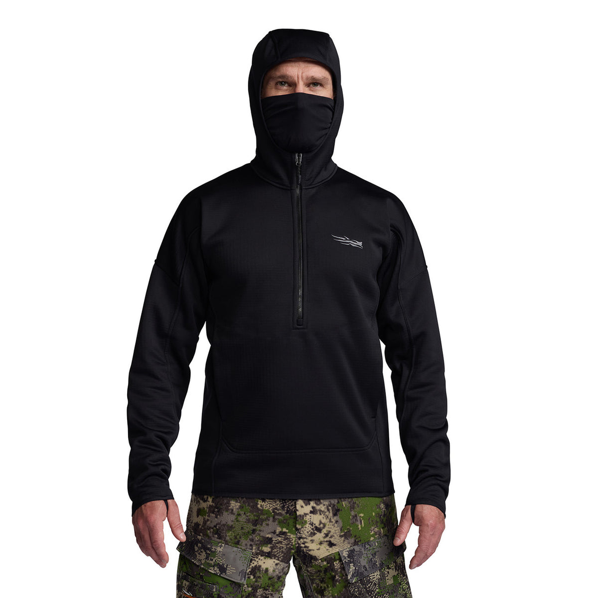 Full Model Image with Hood and Face Mask Up on the Sitka Solace Hoodie.