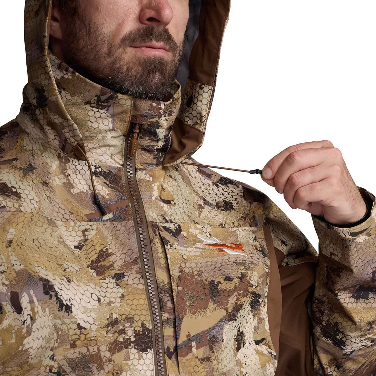 Hood Adjustment Image of the Sitka Delta Wading Jacket.