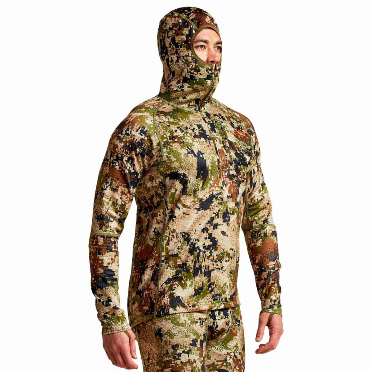 Hood Up Model Image of the Sitka Heavyweight Hoodie.