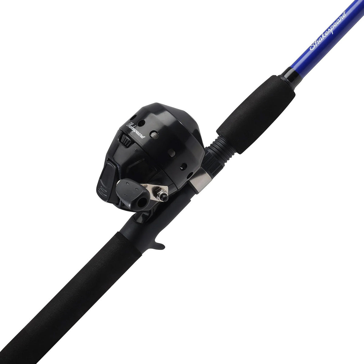Tilted image of the Shakespeare Catch More Fish Catfish Spincast Rod and Reel Combo.