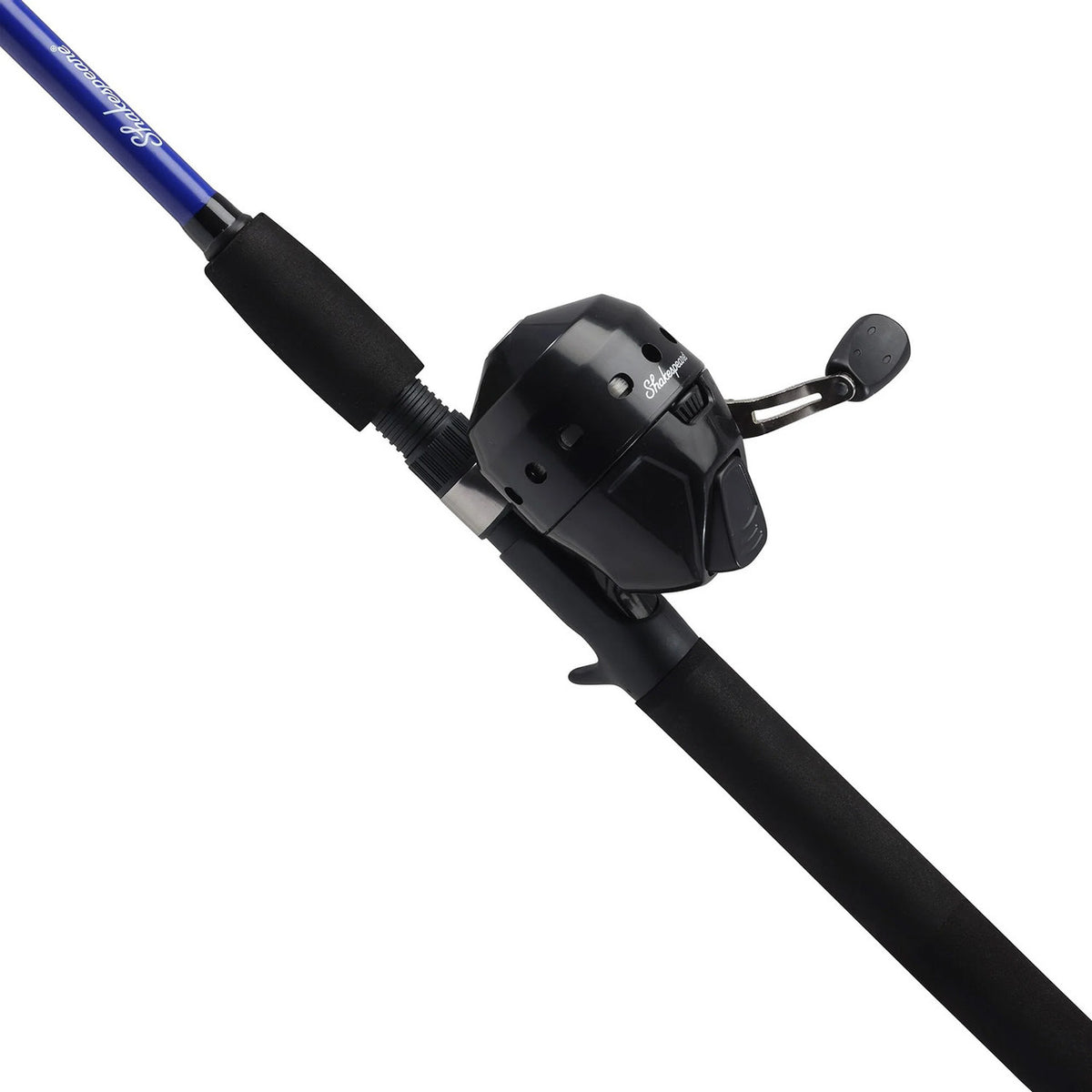 Flipped tilted image of the Shakespeare Catch More Fish Catfish Spincast Rod and Reel Combo.