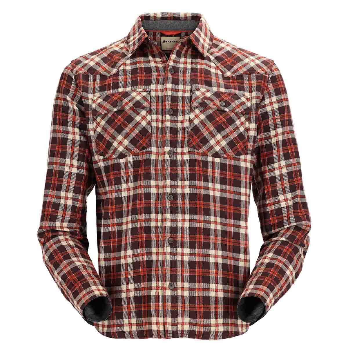 Simms Men's Santee Flannel image in Mahogany Tan Camp Plaid