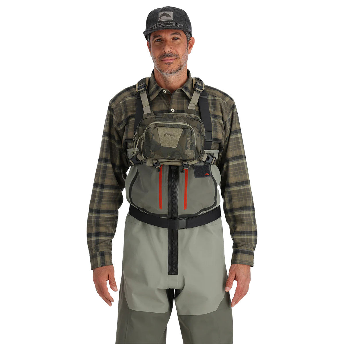 Simms Tributary Hybrid Chest Pack Front Model Image in Regiment Camo Olive Drab