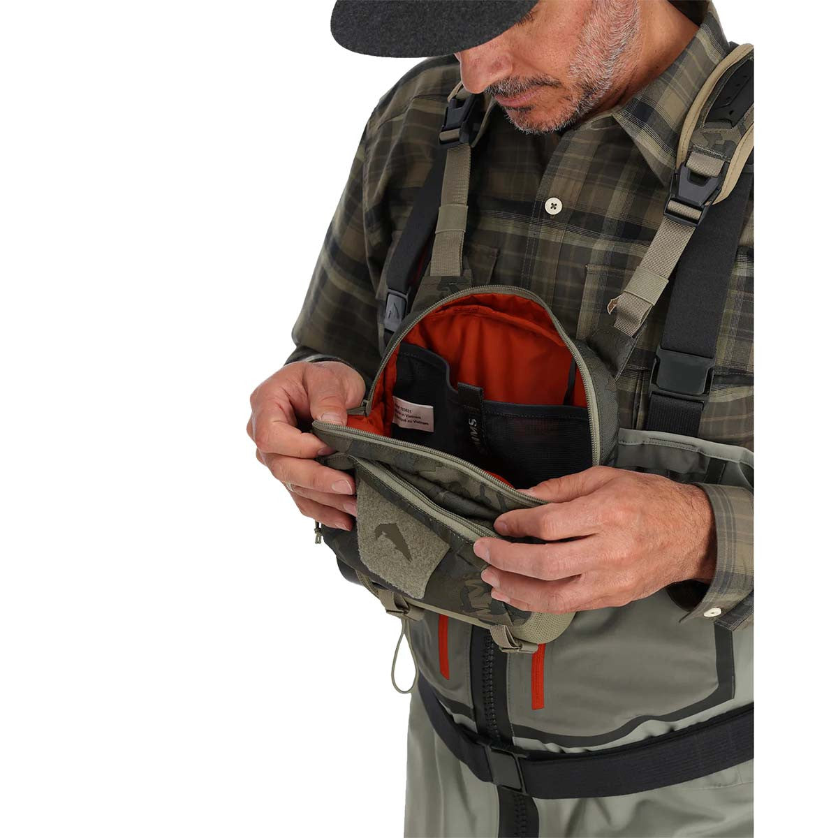 Simms Tributary Hybrid Chest Pack Front Model Image in Regiment Camo Olive Drab