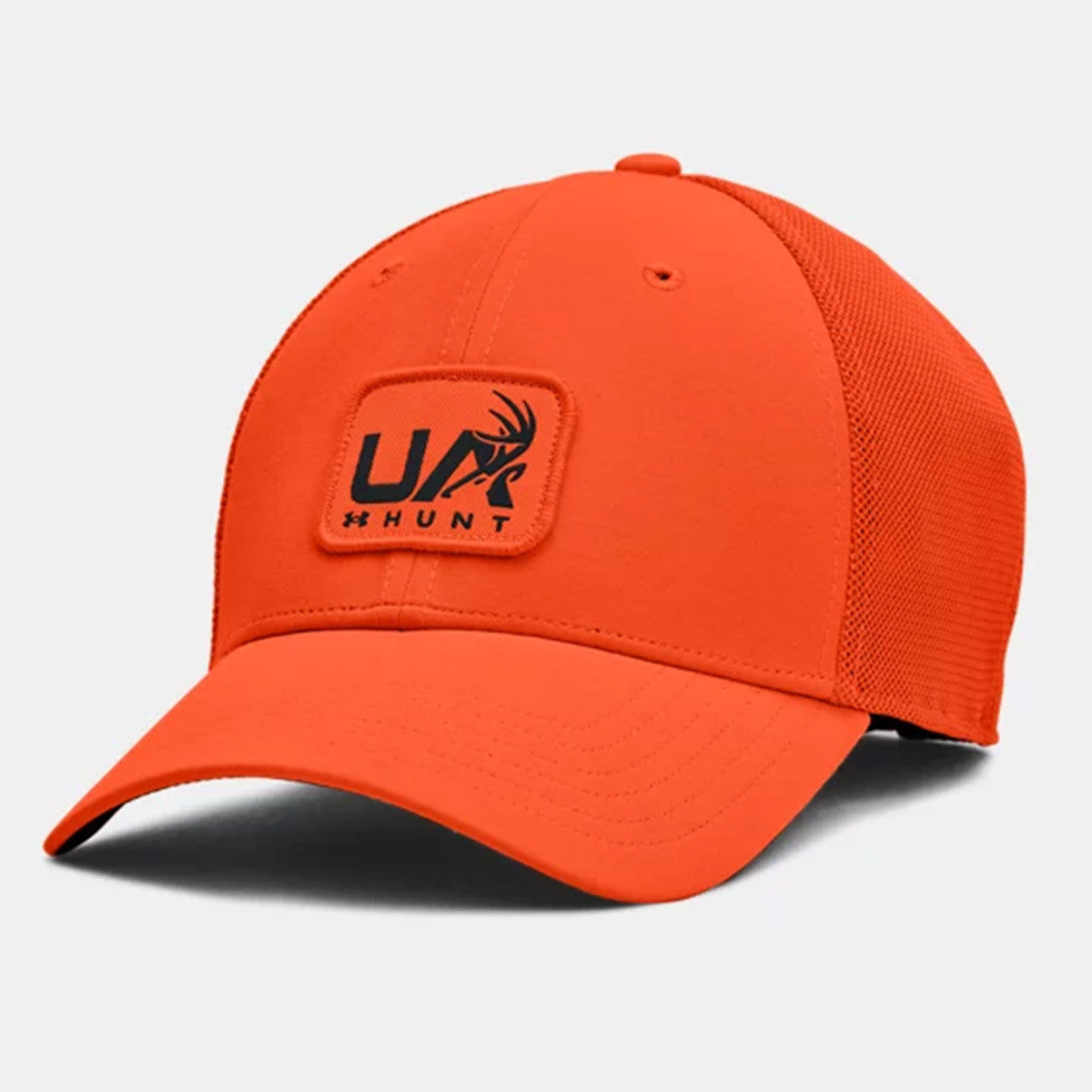 Under Armour Hunt Trucker Hat Front Image in Blaze Orange