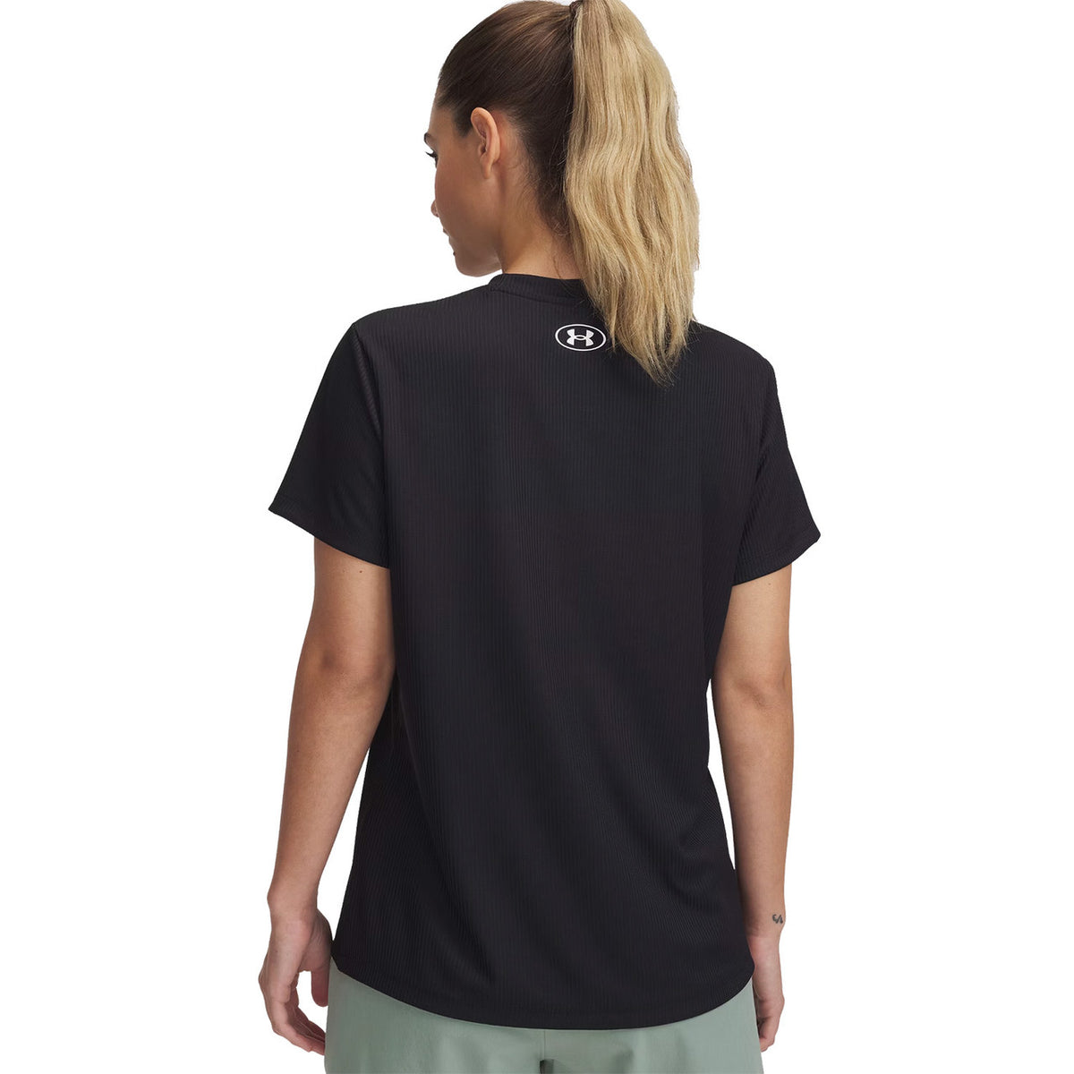 Under Armour Women's UA Tech Rib Short-Sleeve Shirt Back Image in Black-White