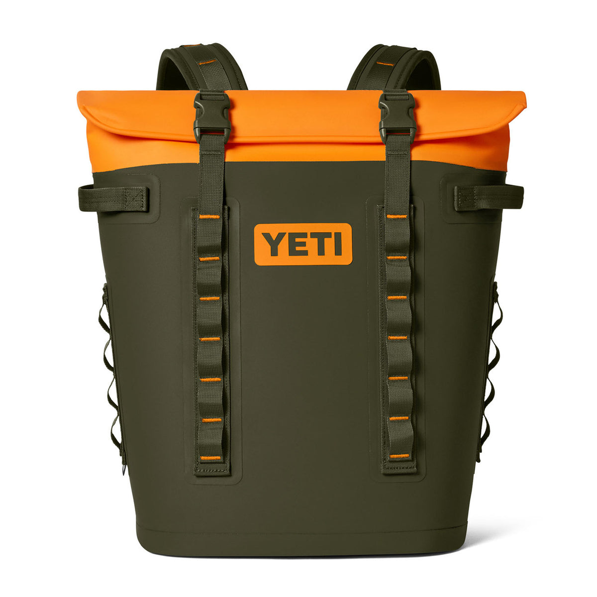 Yeti Hopper M20 Backpack Soft Cooler Front Image in Olive/King Crab Orange