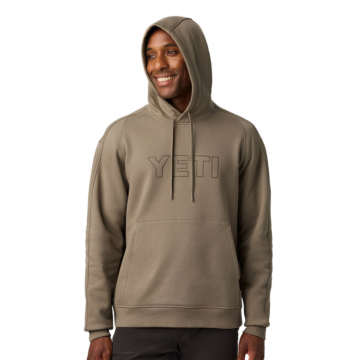 Yeti Logo Fleece Hoodie Front Model Image with Hood Up