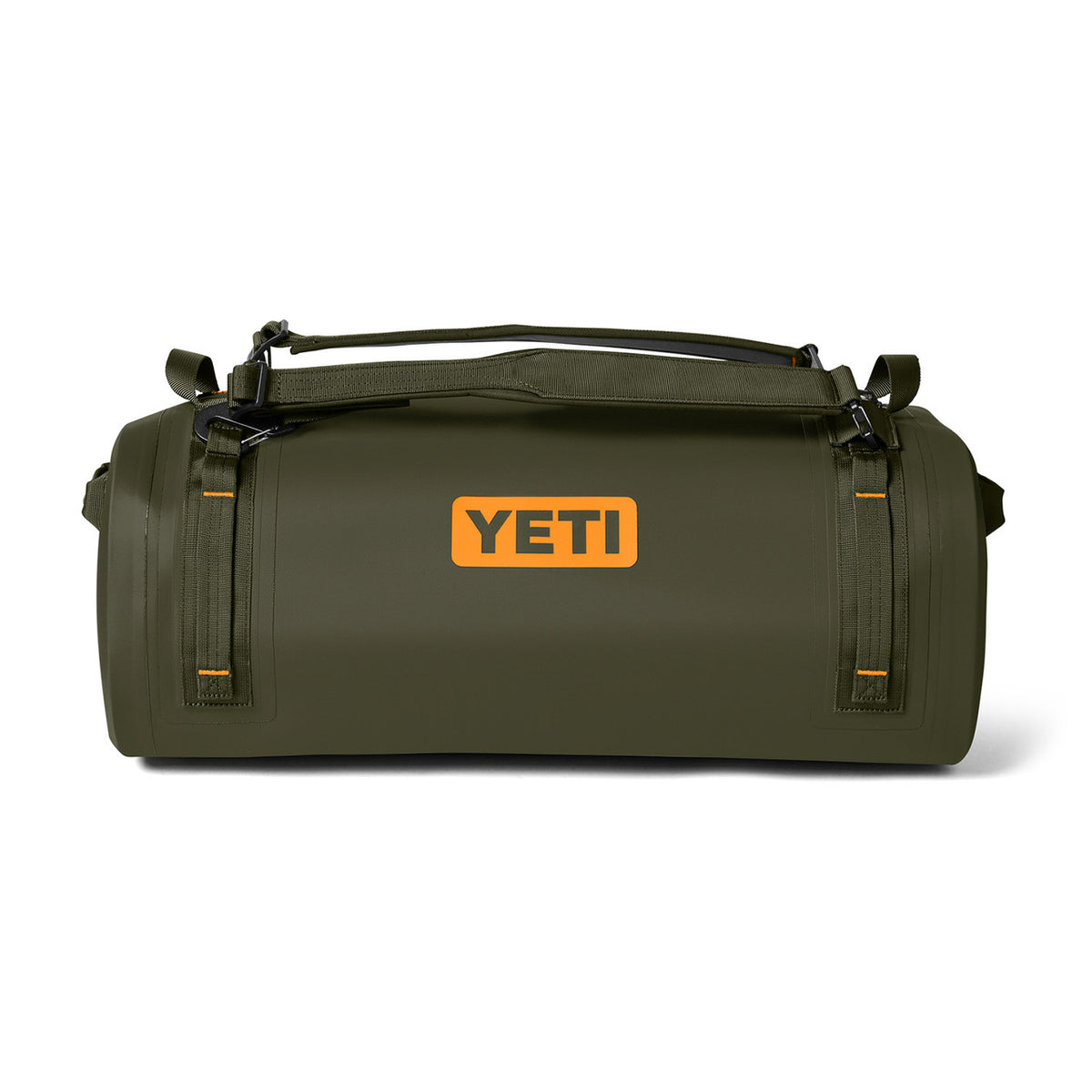 Yeti Panga 50L Waterproof Duffel Front Image in Olive/King Crab Orange