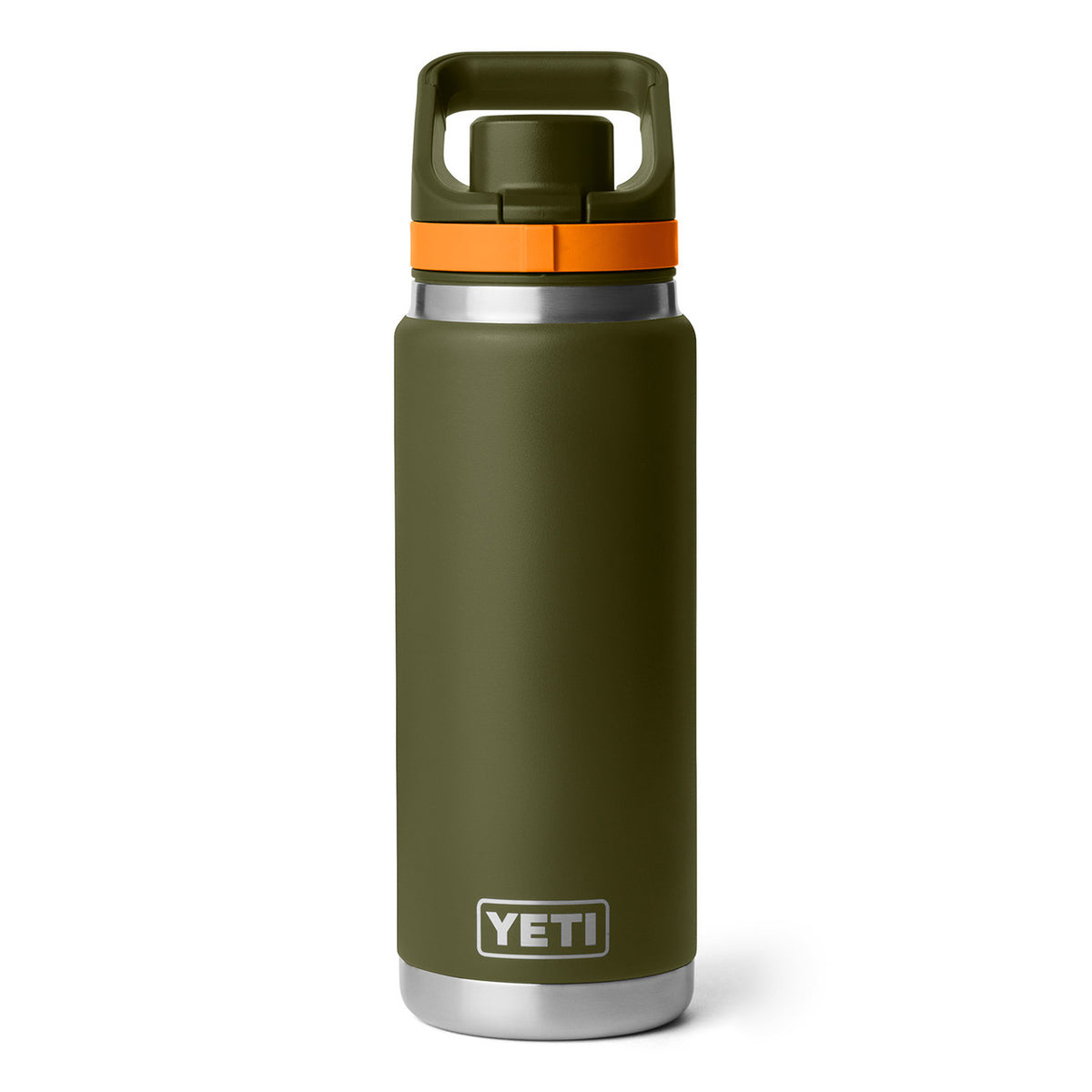 Image of the Yeti Rambler 26 oz. Water Bottle with Flip Chug Cap in Olive/King Crab Orange