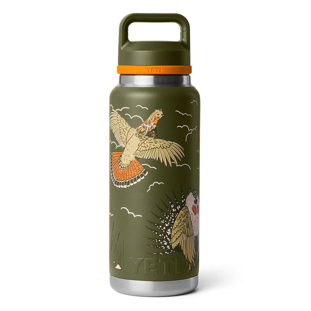 Back Image of the Yeti Rambler 36 oz. Upland Bird Water Bottle with Color-Blocked Flip Chug Cap.