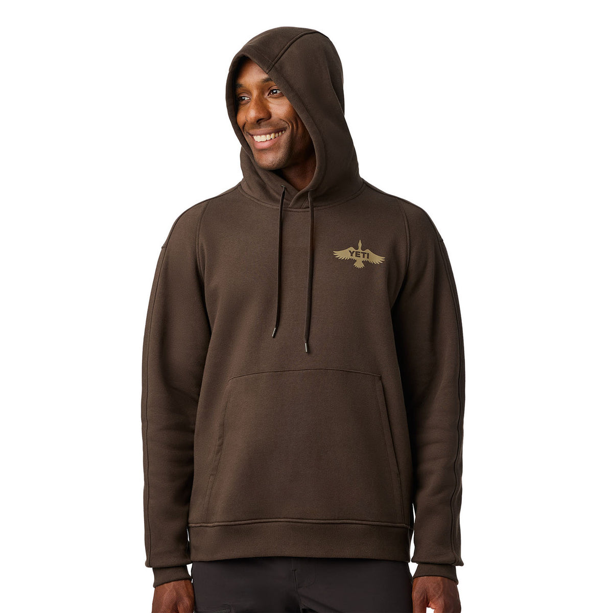Yeti Wetlands Fleece Hoodie Front Model Image with Hood Up