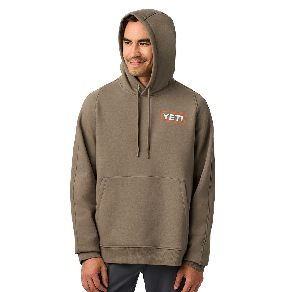 Yeti Wetlands Logo Badge Fleece Hoodie Front Model Image with Hood Up