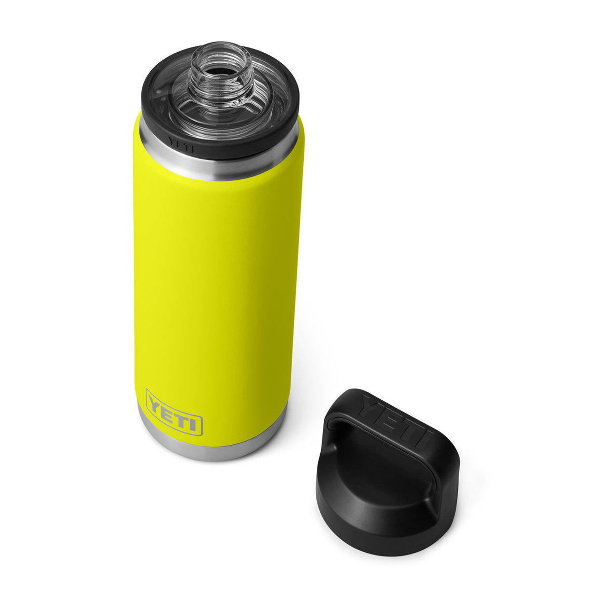 Yeti Rambler 26 oz. Water Bottle with Chug Cap Open Lid Image in Firefly Yellow