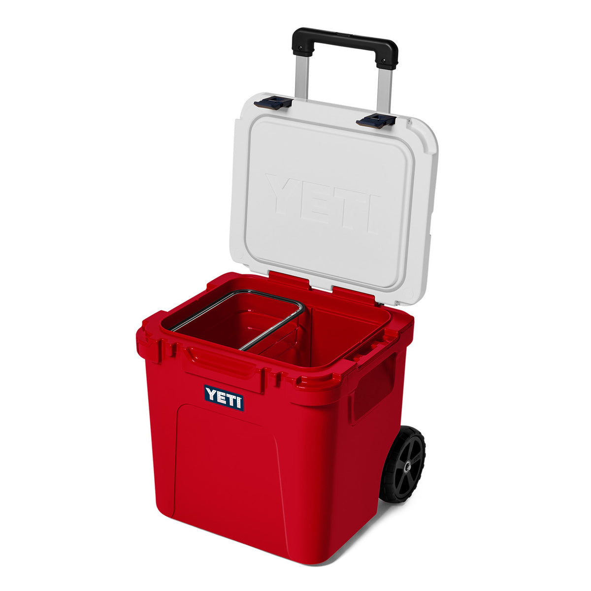Front Open Image of the Yeti Roadie 48 Wheeled Cooler with Dry Goods Basket.