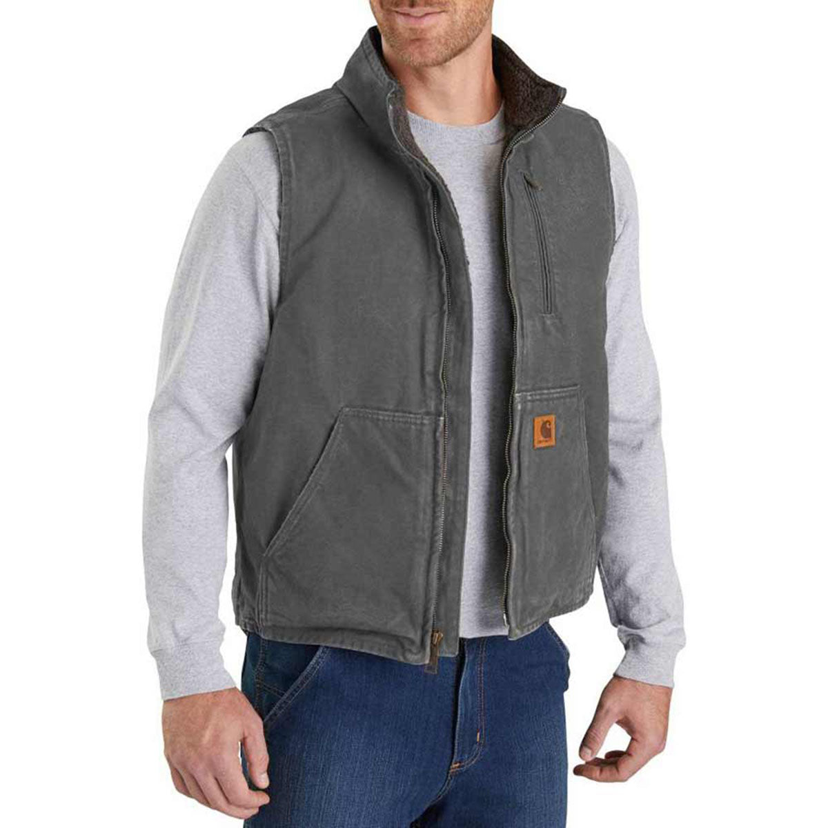Loose Fit Washed Duck Sherpa-Lined Mock-Neck Vest