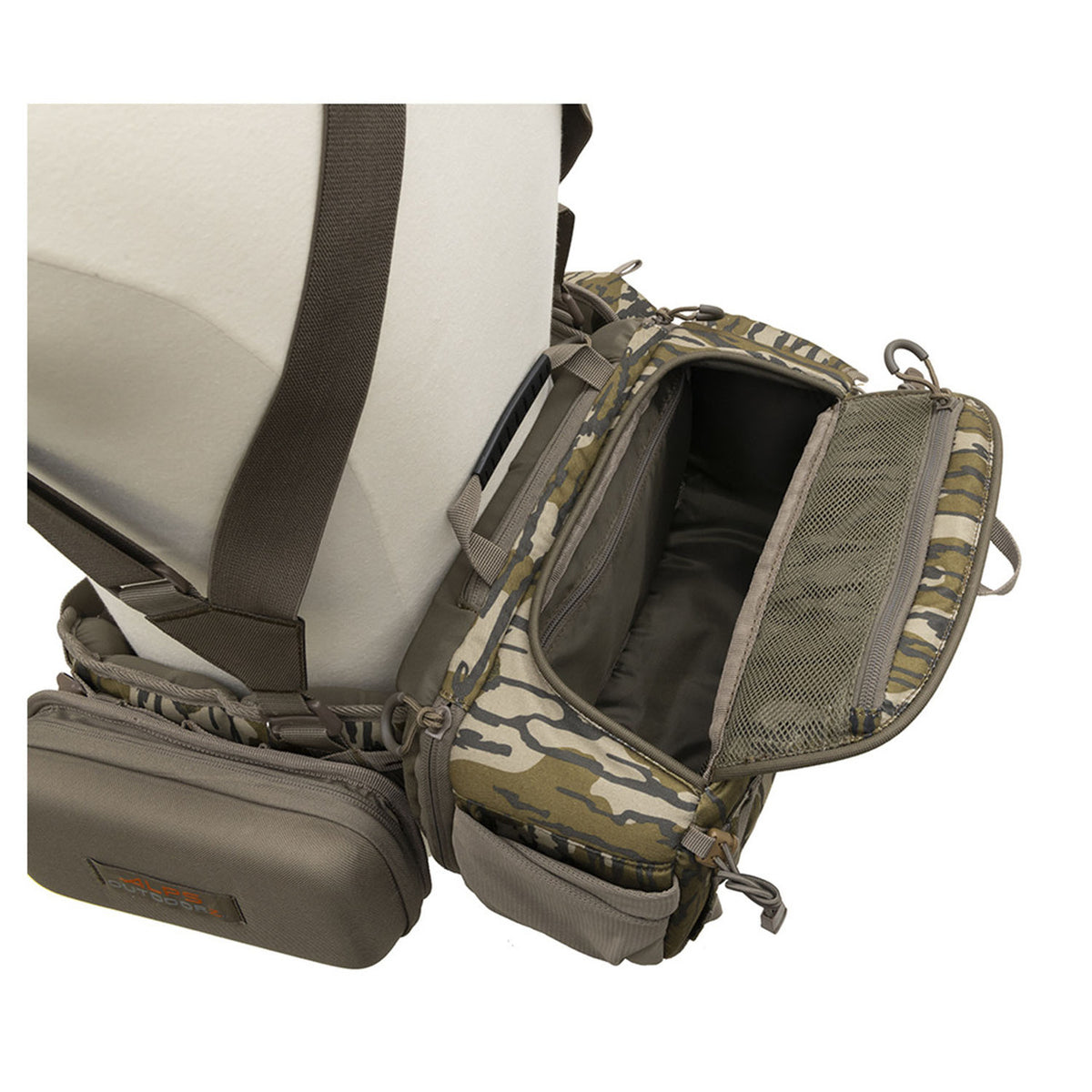 ALPS OutdoorZ Turkey Tracker Hybrid Lumbar/Fanny Pack System Opened Image in Mossy Oak Original Bottomland
