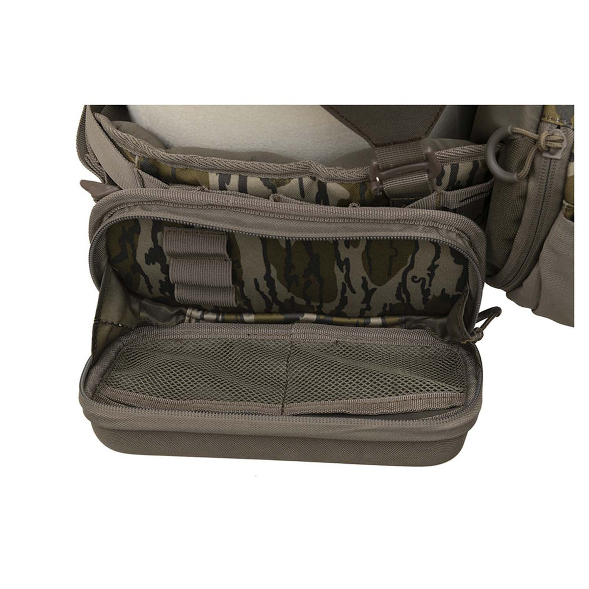 ALPS OutdoorZ Turkey Tracker Hybrid Lumbar/Fanny Pack System Opened Side Pouch Image in Mossy Oak Original Bottomland
