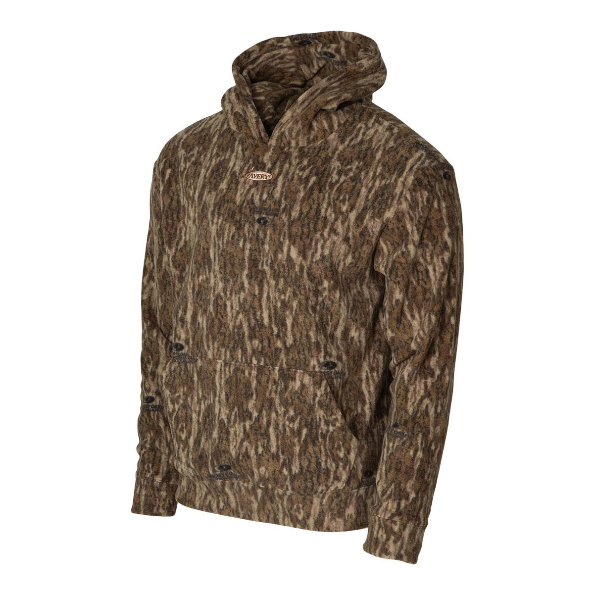 Avery Outdoors Tec Fleece Midweight Hoodie Angled Image in Mossy Oak Bottomland