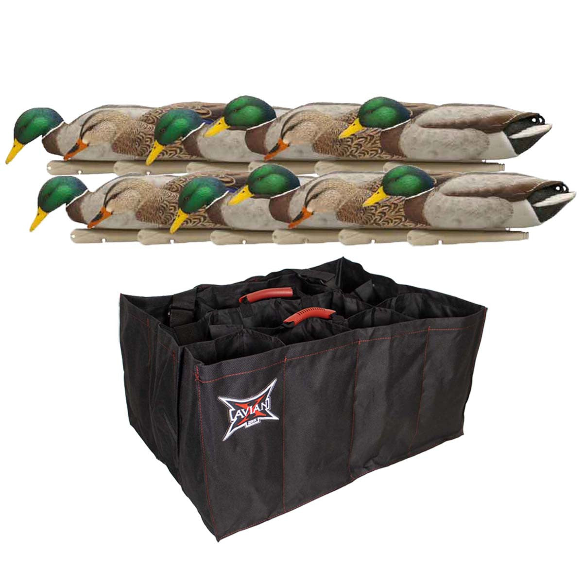 Floating Mallard Duck Decoys - Back Water 12 Pack, With 12 Slot Decoy Bag Kit