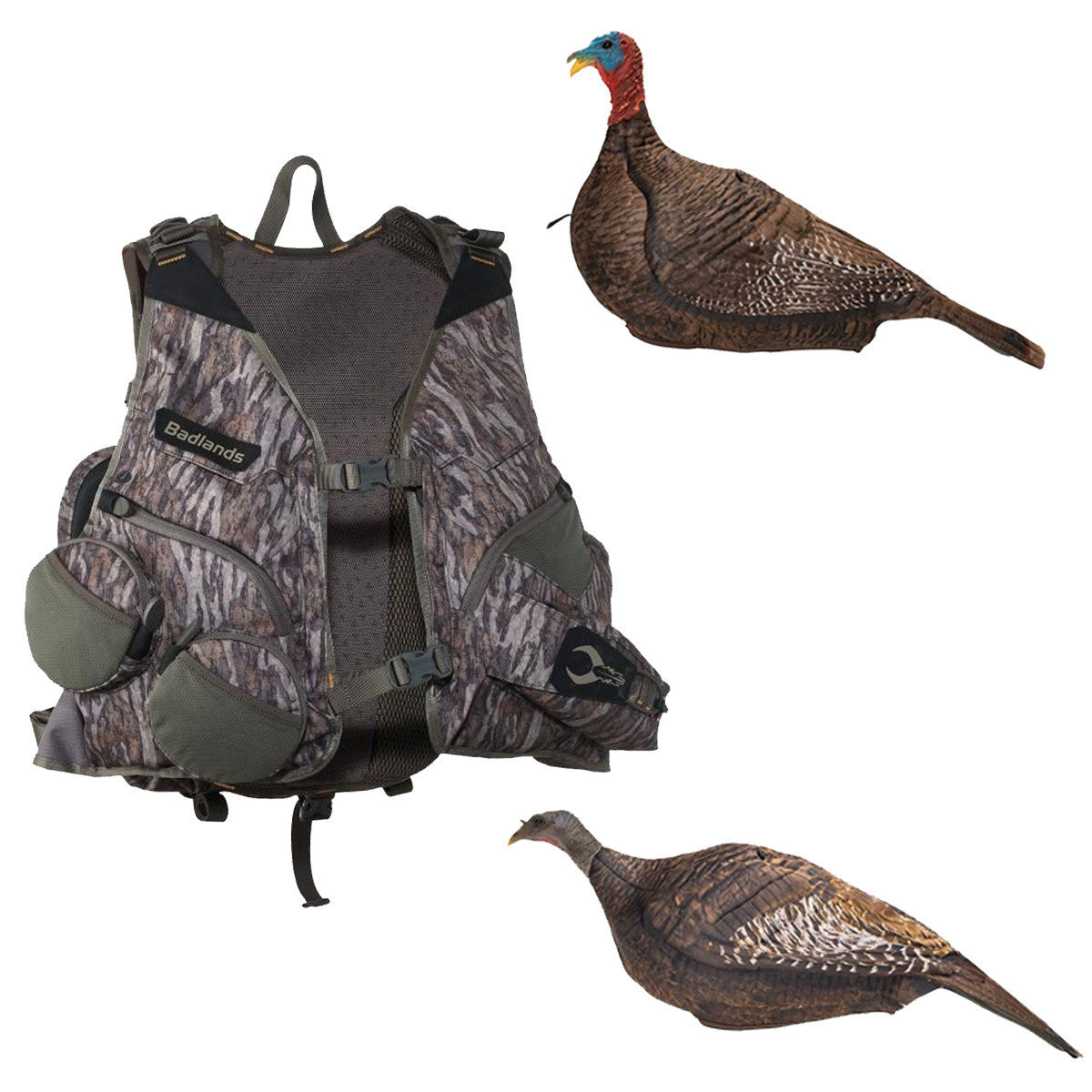 Badlands Turkey Vest - Mossy Oak Bottomland With Photoform Jake and Hen Decoys