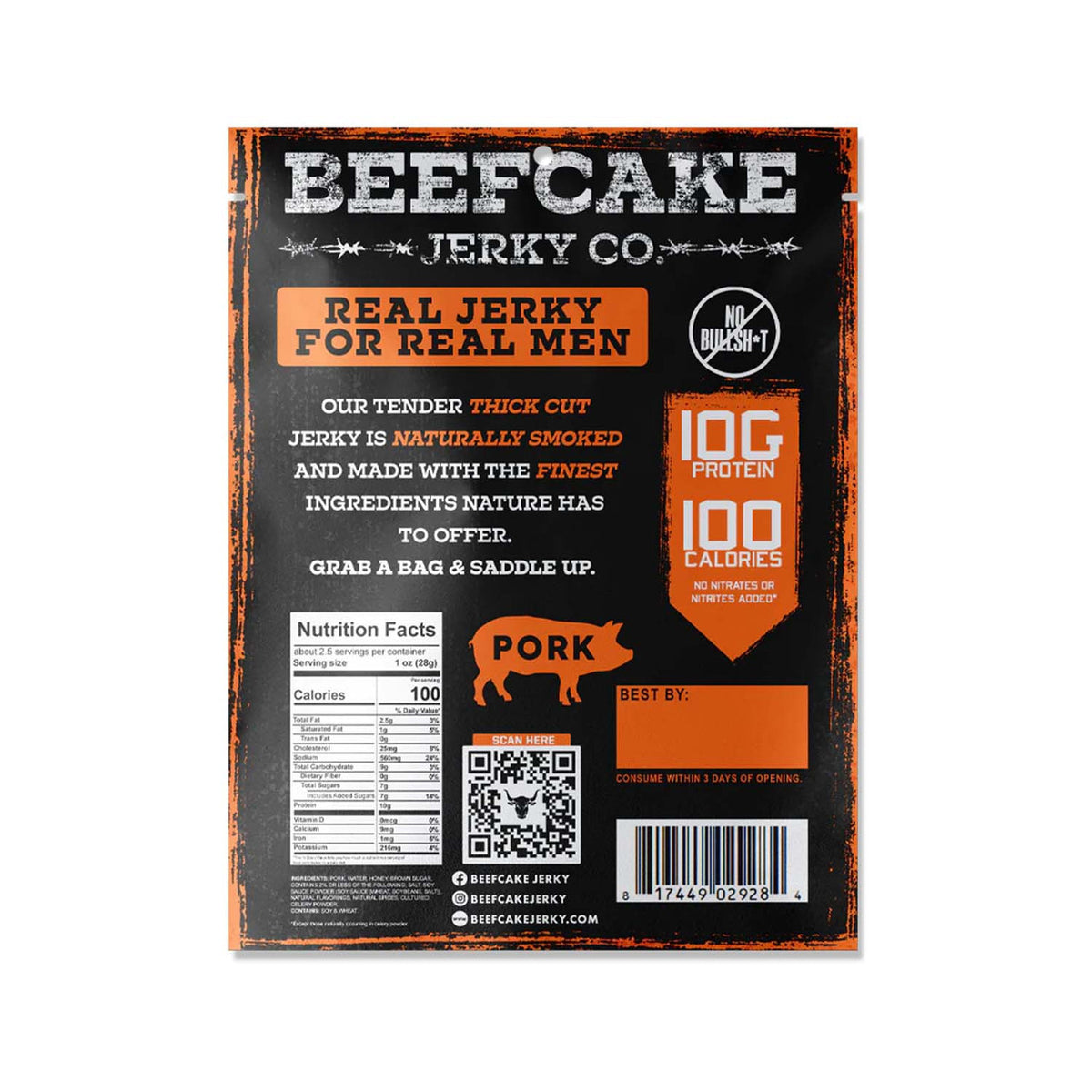 Back image of the Beefcake Jerky Co. Pork Teriyaki Jerky - 2.7 oz.