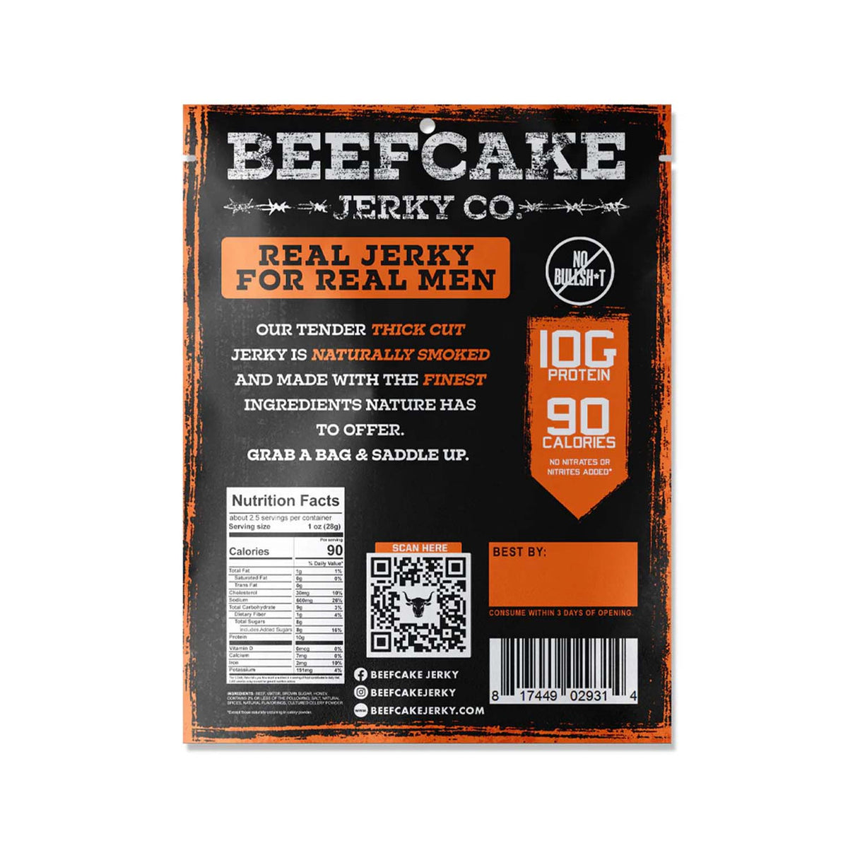 Back image of the Beefcake Jerky Co. Beef Hot & Spicy Jerky - 2.7 oz.