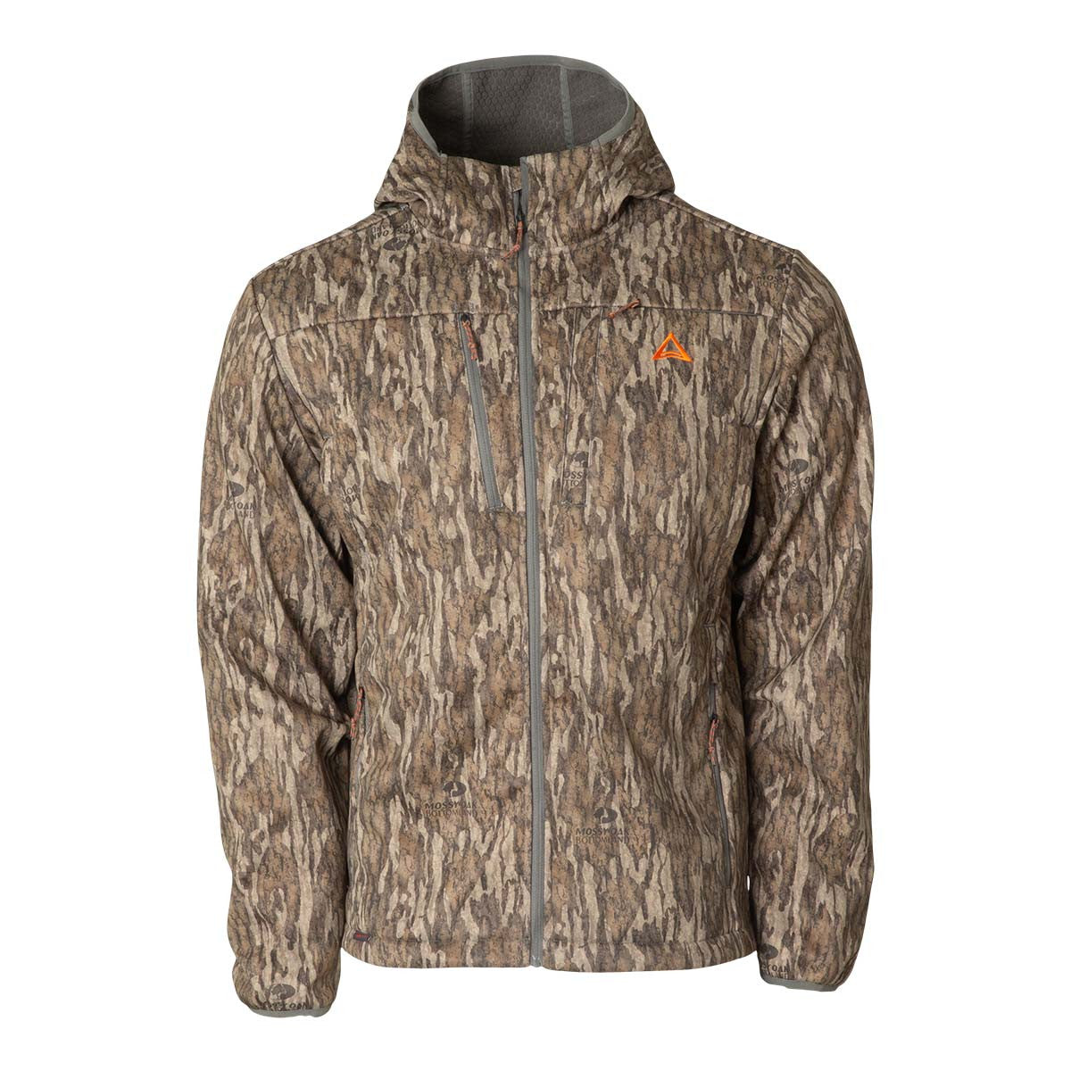 Thacha L-2 Soft-Shell Hooded Jacket Front Image in Mossy Oak Bottomland