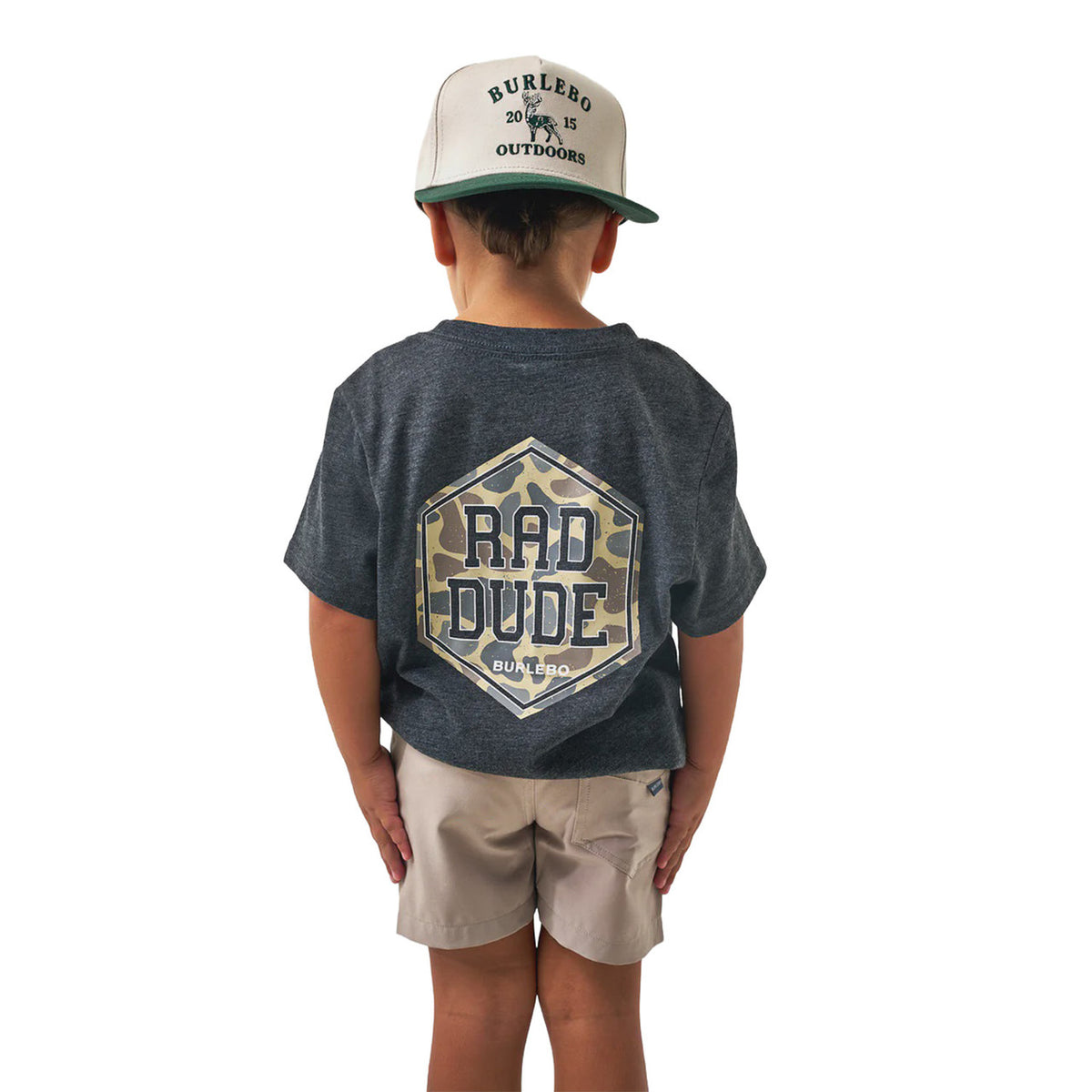Back image of the Burlebo Toddler Rad Dude Deer Camo Short Sleeve Tee in Heather Black
