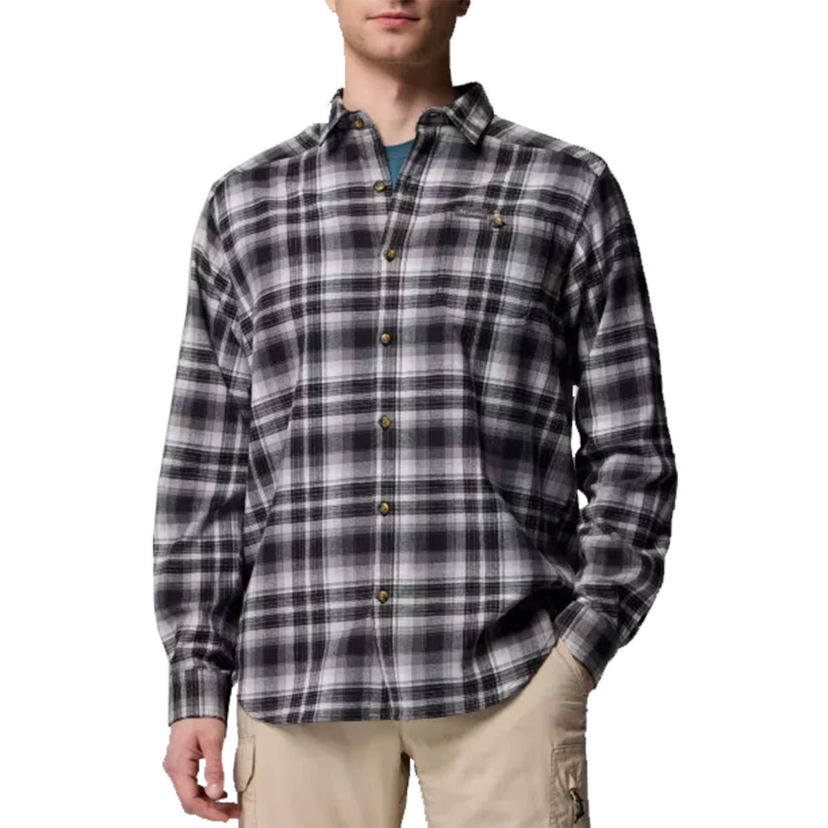 Image of the Columbia Cornell Woods Flannel Long Sleeve Shirt in Black Backland Tartan