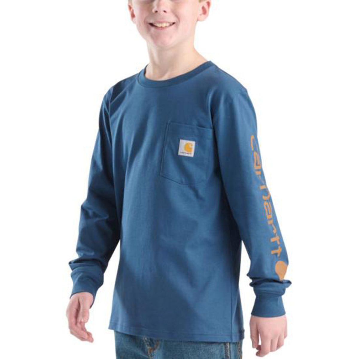 Carhartt Child Long Sleeve Graphic Pocket T-Shirt Image in Dark Blue