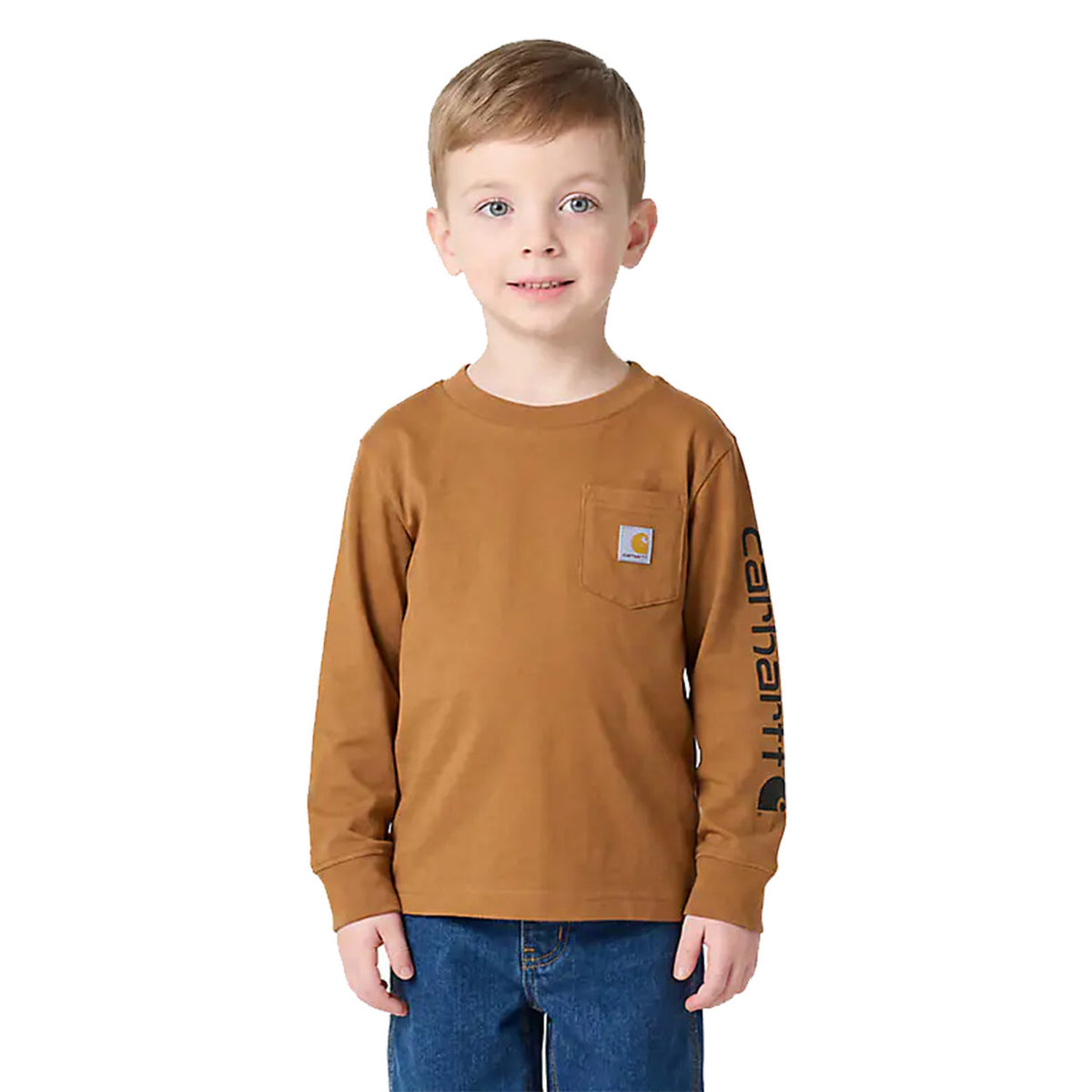 Image of the Carhartt Kids Toddler Long Sleeve Pocket Logo T-Shirt in Brown