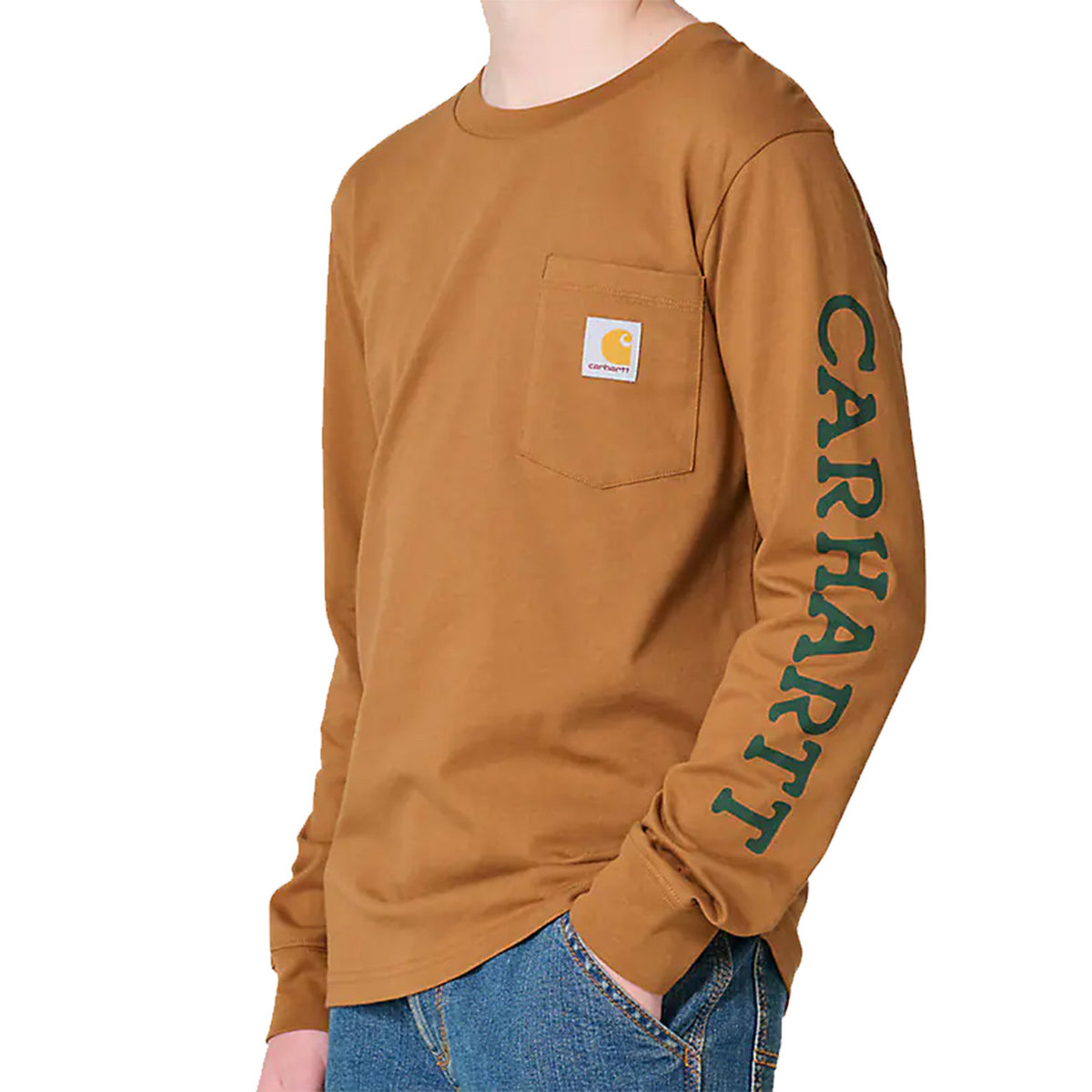 Front Image of the Carhartt Kids Youth Long Sleeve Duck Pocket T-Shirt.