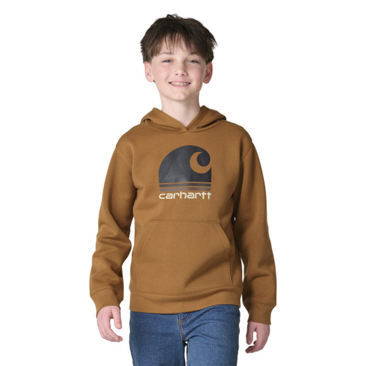 Image of the Carhartt Kids Youth Boys' Long-Sleeve Hooded Graphic Sweatshirt in Brown