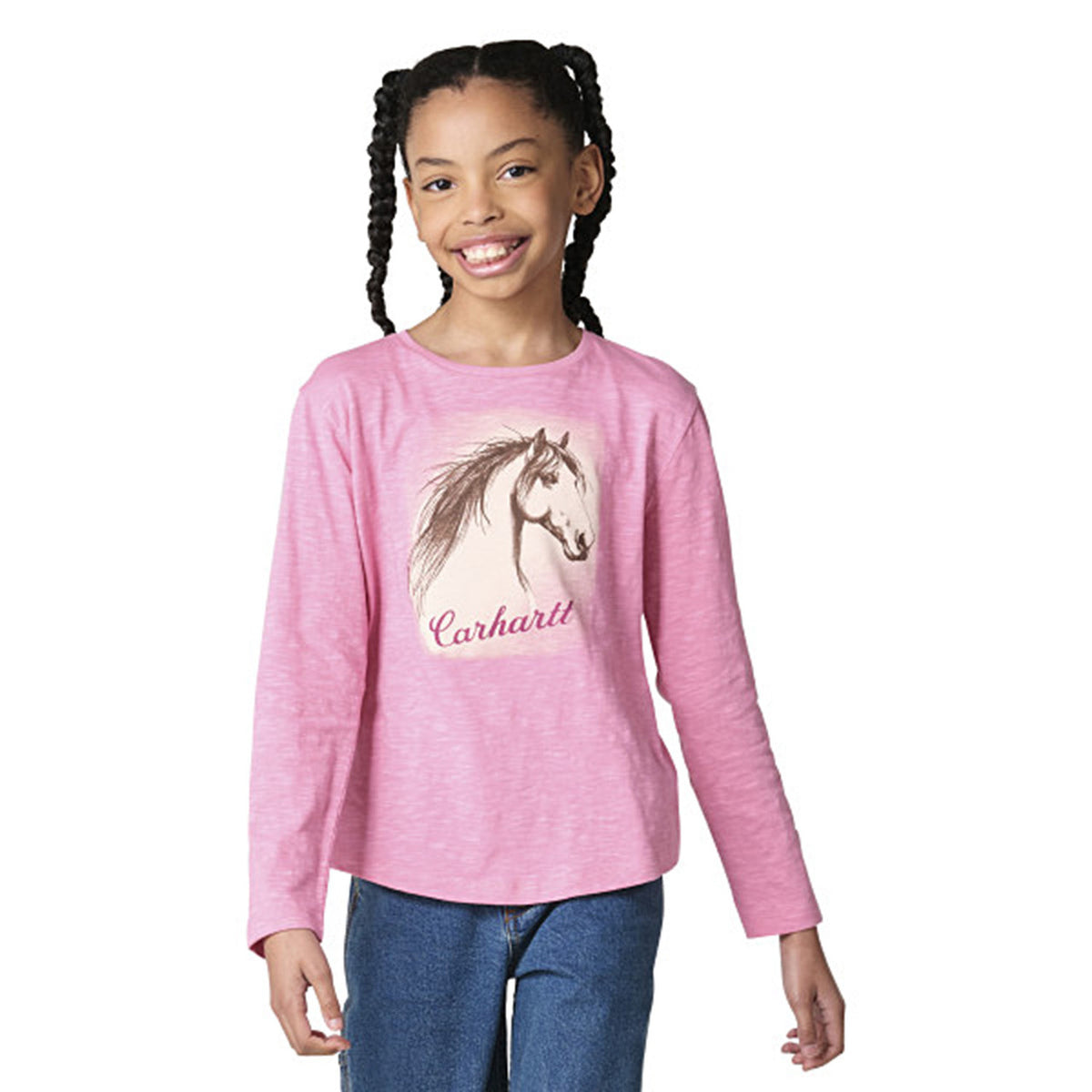 Front Image of the Carhartt Youth Girls' Long Sleeve Horse T-Shirt.