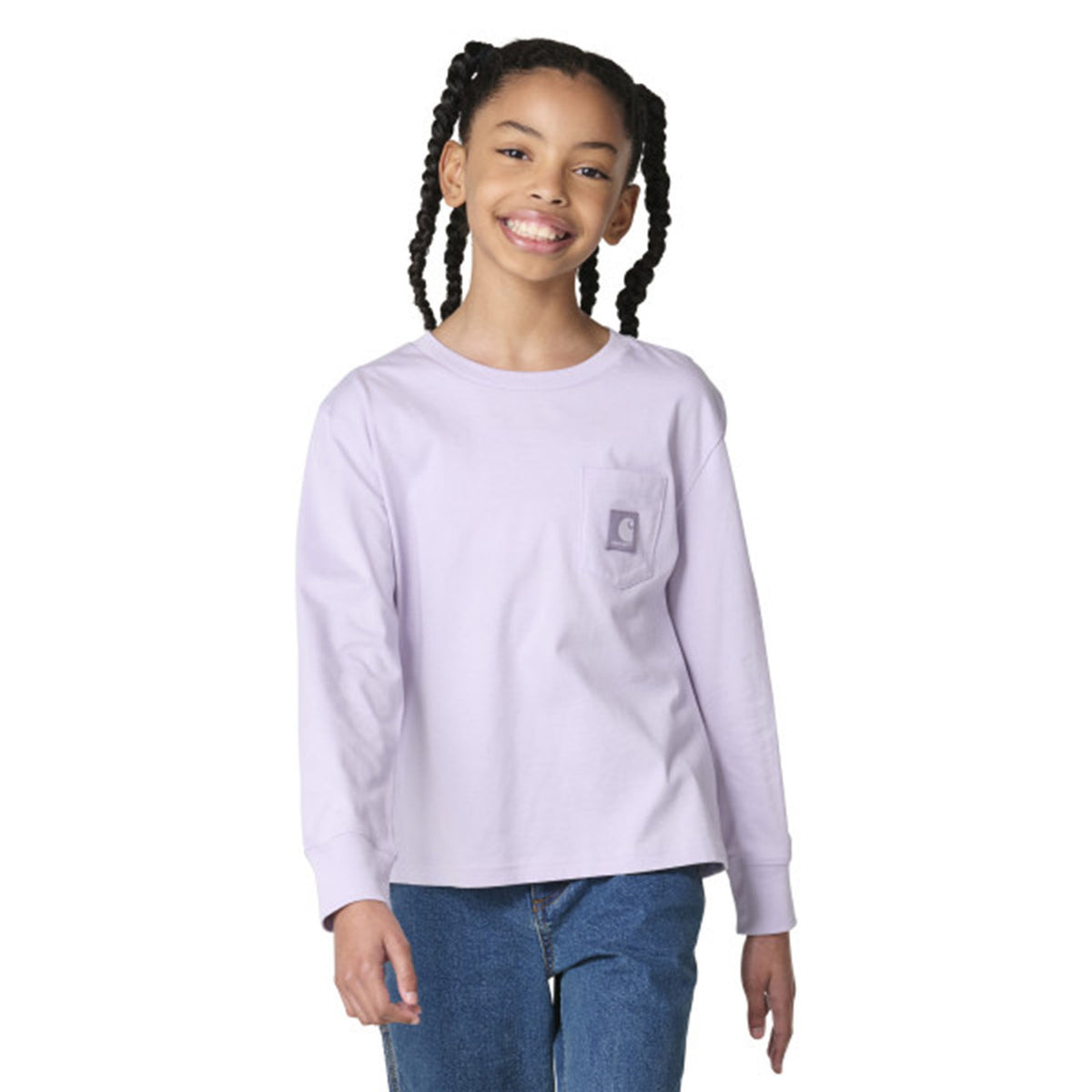 Image of the Carhartt Kids Girls' Long-Sleeve Tonal Patch Pocket T-Shirt in Light Lilac