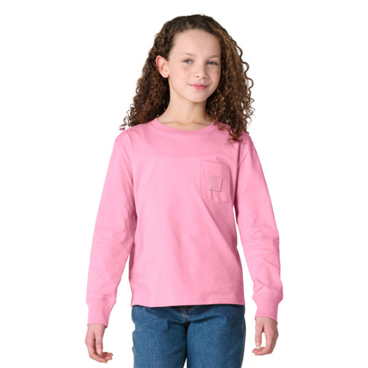 Image of the Carhartt Kids Girls' Long-Sleeve Tonal Patch Pocket T-Shirt in Med Pink