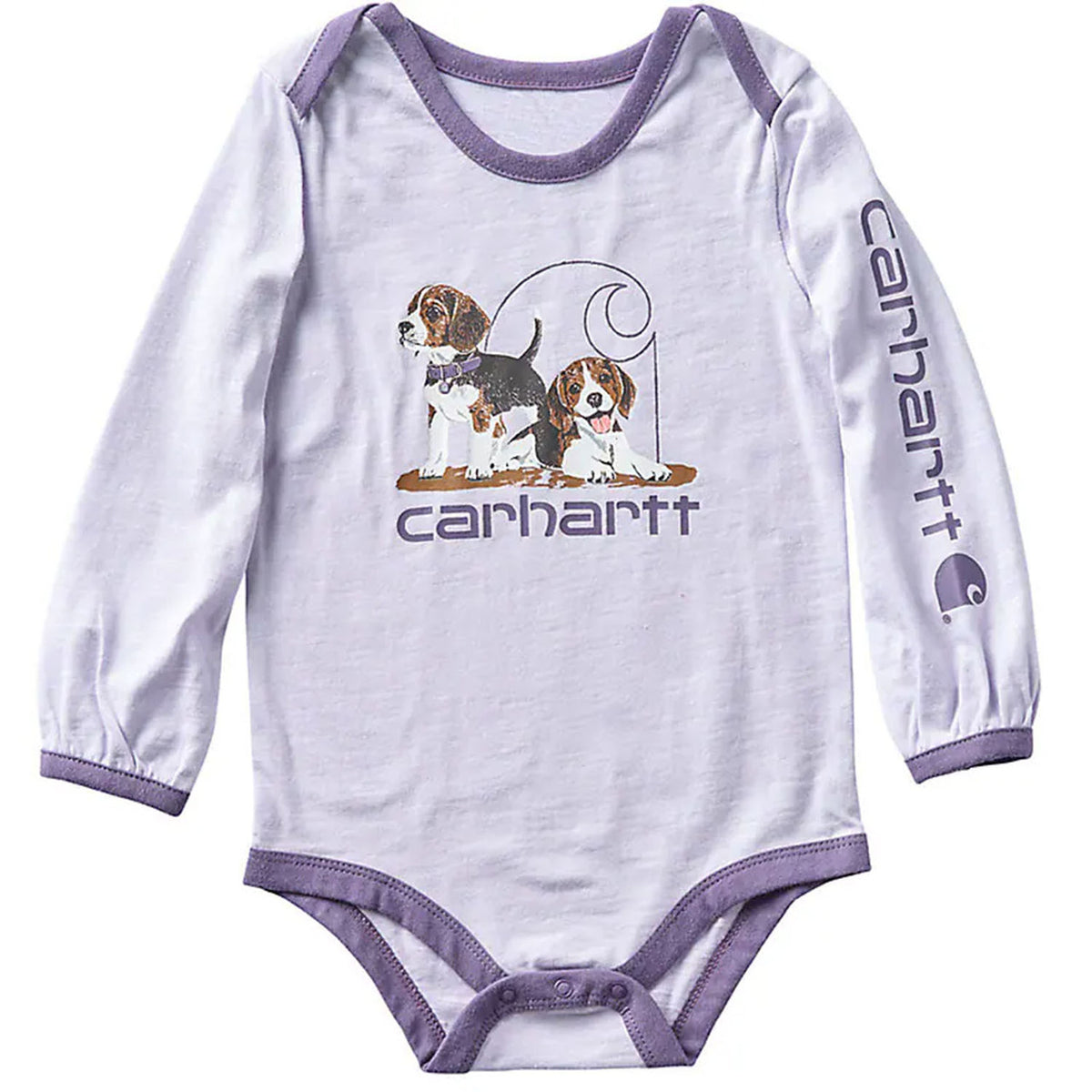 Image of the Carhartt Infant Girls Long Sleeve Puppies Bodysuit.