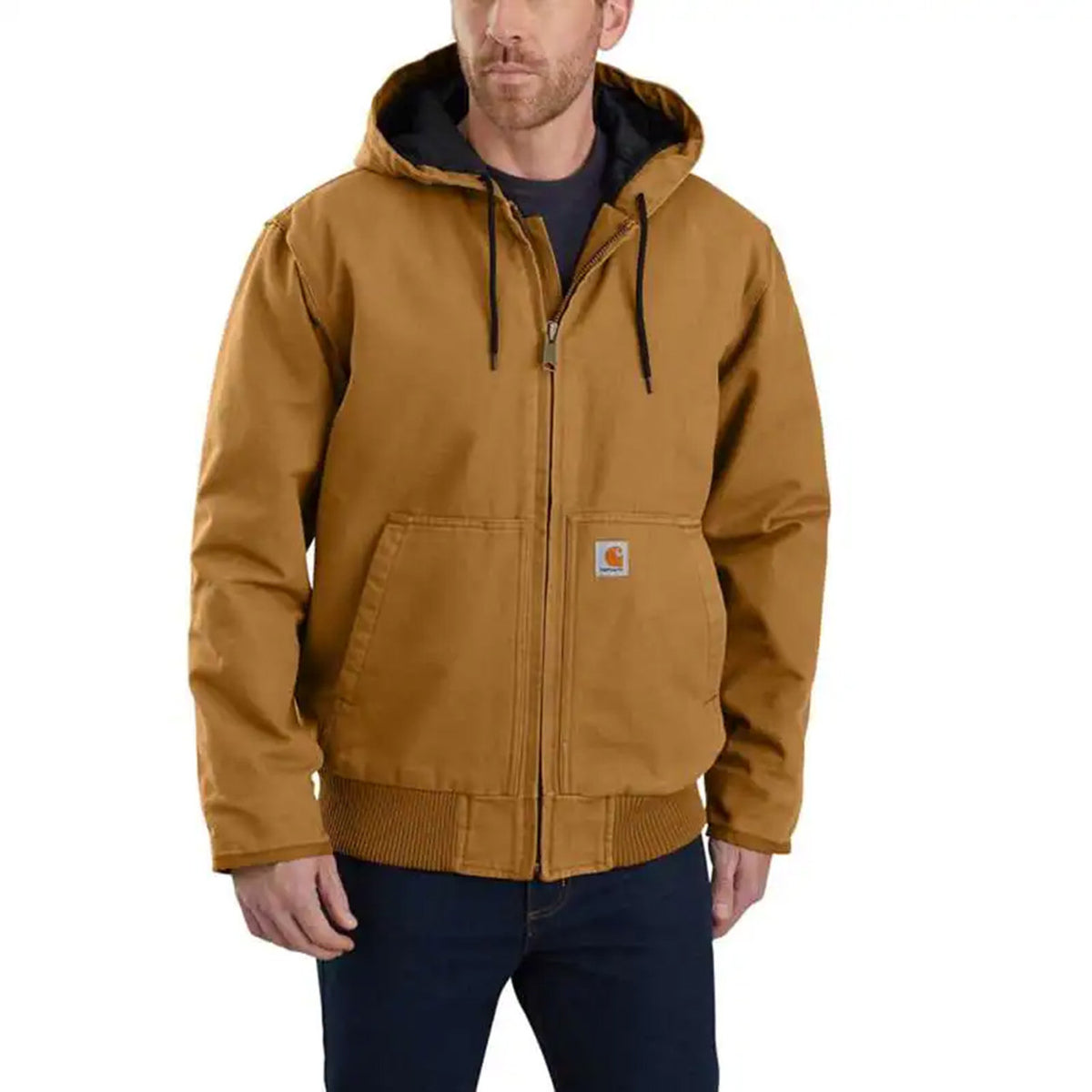 Carhartt Loose Fit Washed Duck Insulated Active Jac Model Image in Carhartt Brown Black