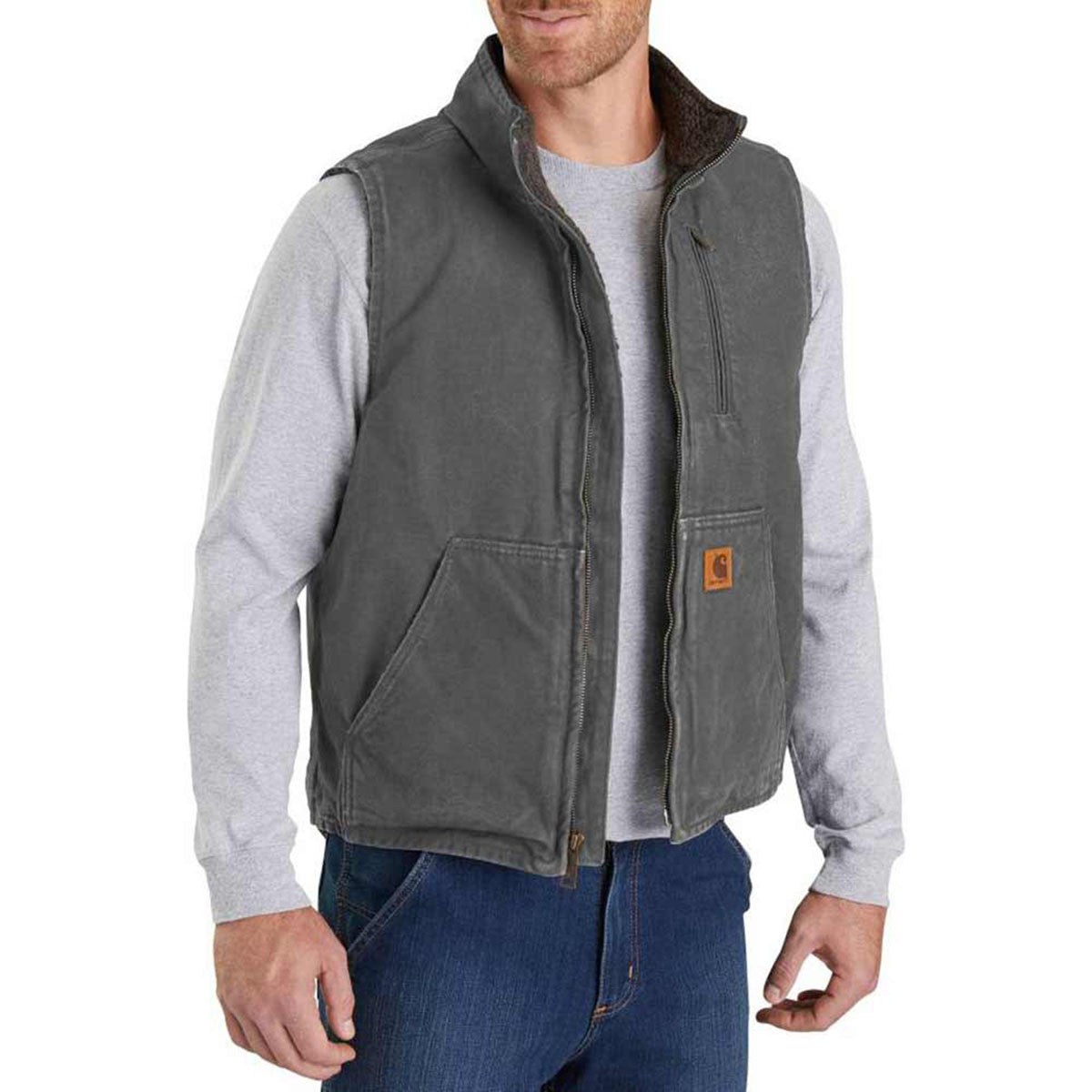 Carhartt Loose Fit Washed Duck Sherpa-Lined Mock-Neck Vest Image in Gravel