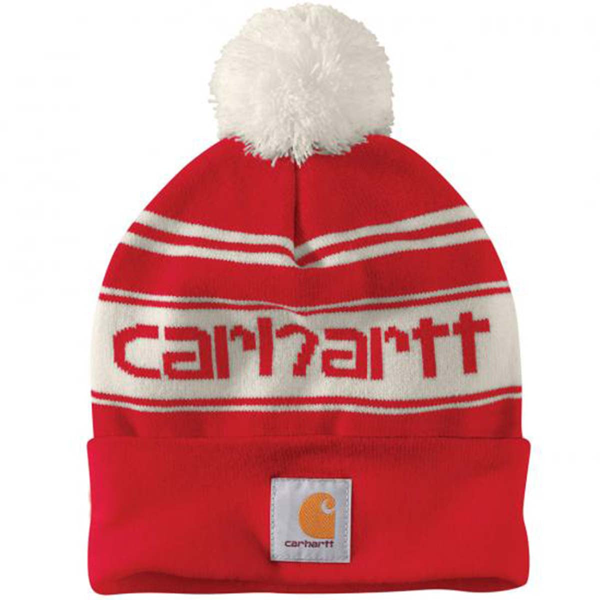 Carhartt Knit Pom-Pom Cuffed Logo Beanie Image in Red-Winter White Black
