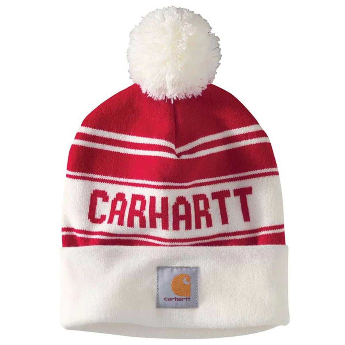 Carhartt Knit Pom-Pom Cuffed Logo Beanie Image in Red Red-Winter White
