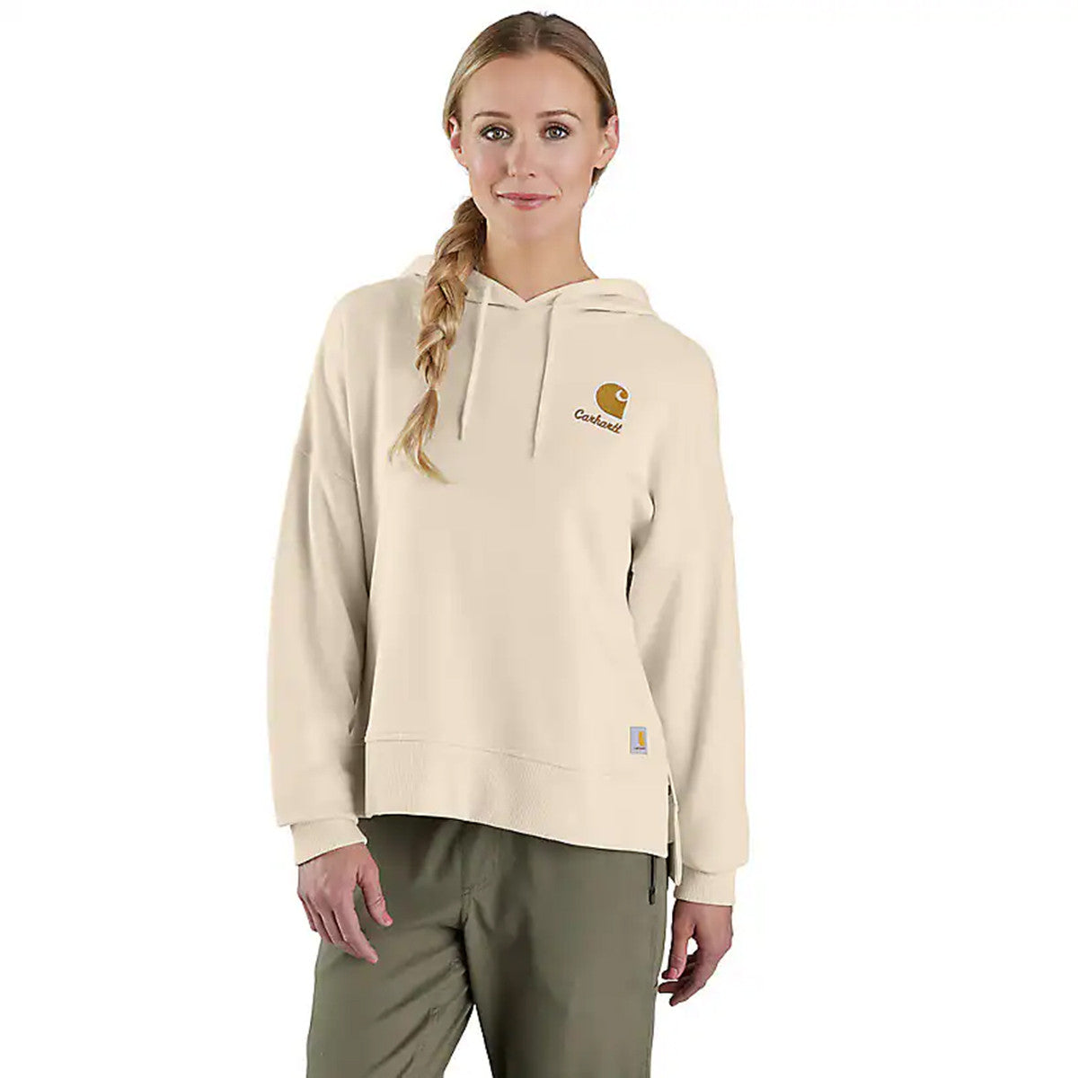 Carhartt Women's Tencel Loose Fit Graphic Hooded Sweatshirt Front Image in Oat Milk