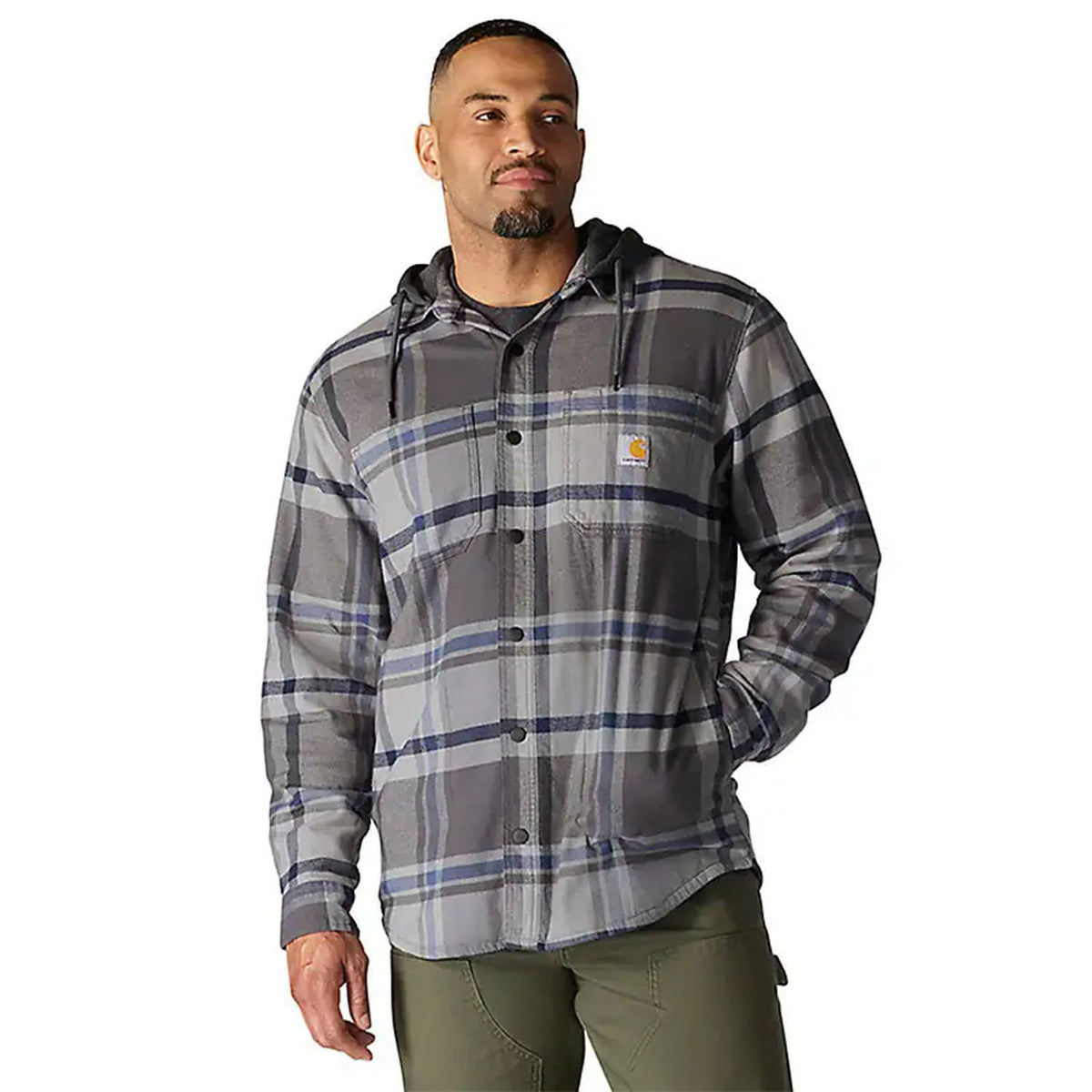 Carhartt Rugged Flex Relaxed Fit Flannel Fleece Lined Hooded Shirt Jac image in Gravel