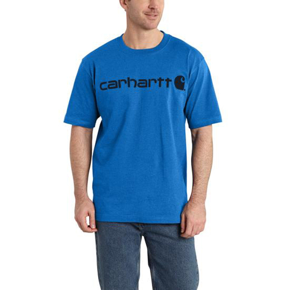 Carhartt Loose Fit Heavyweight Short Sleeve Logo Graphic T-Shirt Image in Beacon Blue Heather