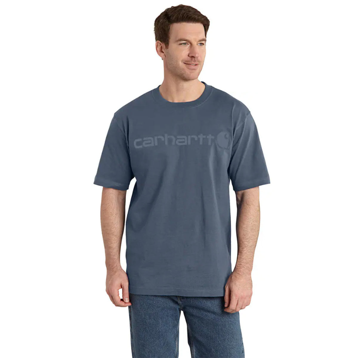 Carhartt Loose Fit Heavyweight Short Sleeve Logo Graphic T-Shirt Image in Bluestone Summer Blue Heather