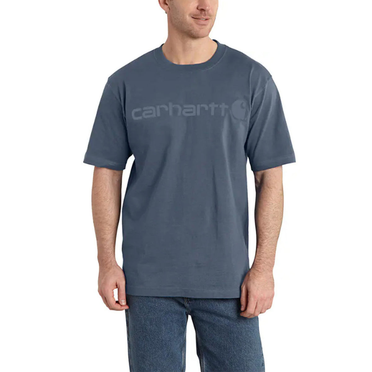 Carhartt Loose Fit Heavyweight Short Sleeve Logo Graphic T-Shirt Image in Bluestone Summer Blue Heather