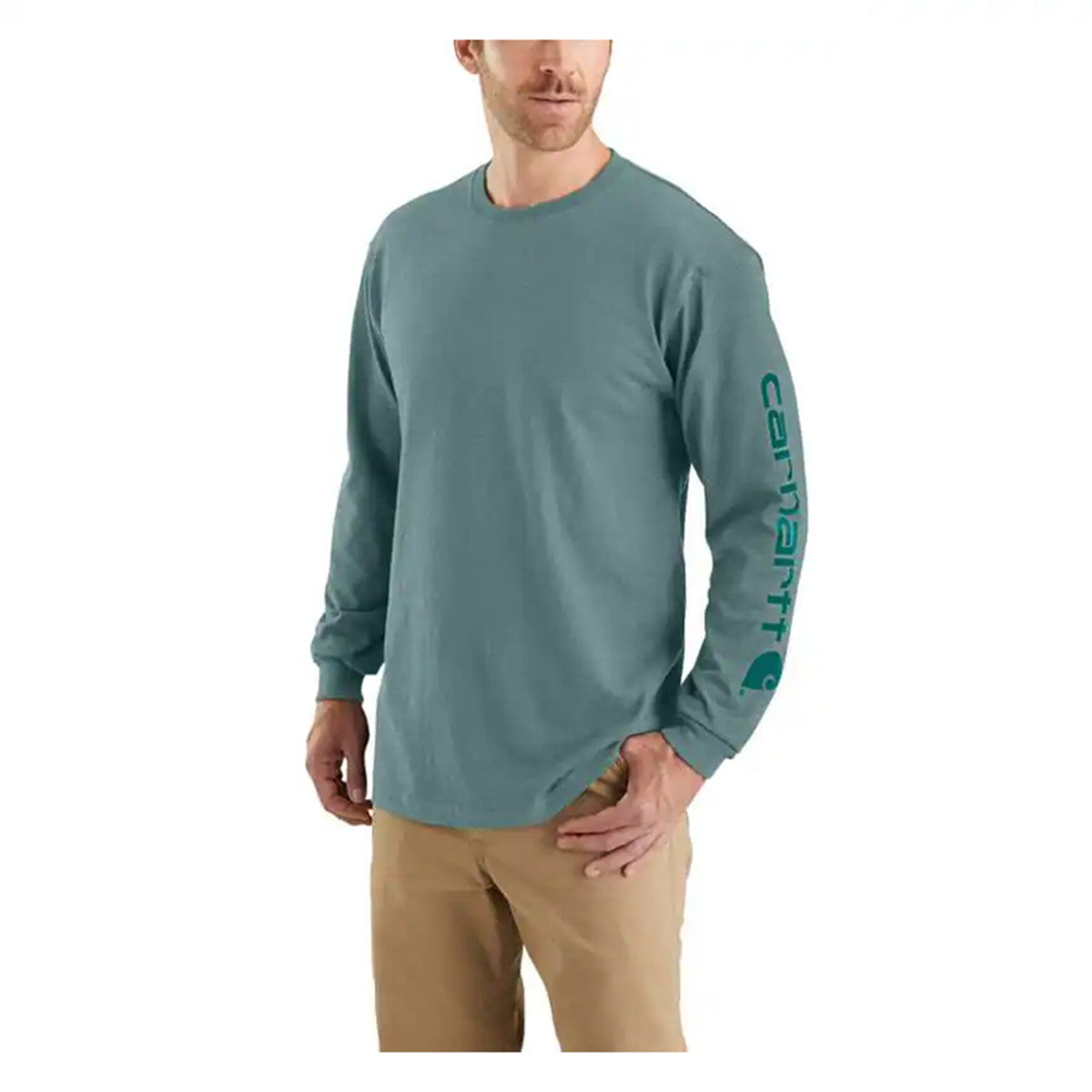 Carhartt Loose Fit Heavyweight Long Sleeve Graphic T-Shirt Image in Sea Pine Heather Summer Blue Heather