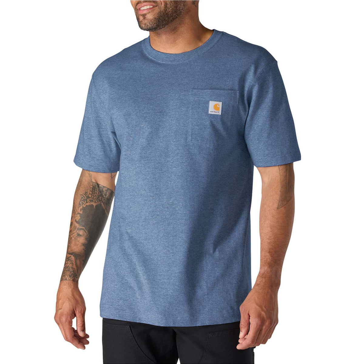 Image of the Carhartt Loose Fit Heavyweight Pocket Short Sleeve T-Shirt in Dark Tranquil Blue Heather